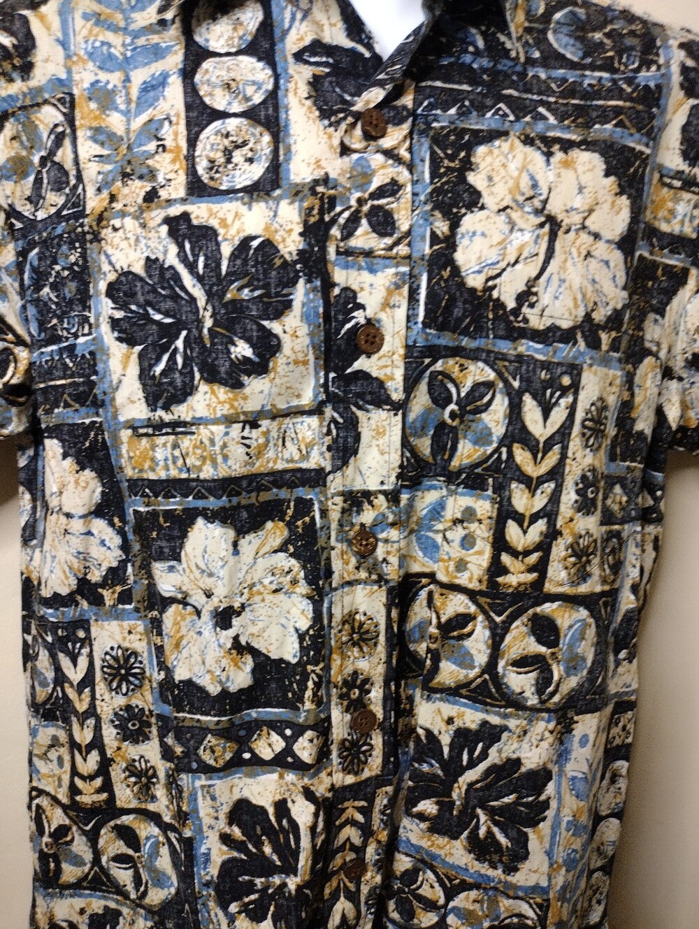 Vintage Bishop St. Apparel Blue, Taupe & White Batik Style Hawaiian Shirt - Picture 2 of 5